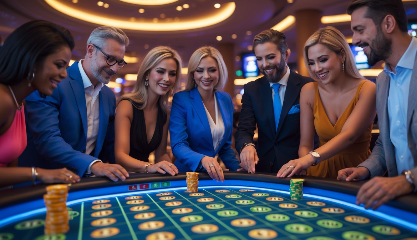 Beberapa orang bermain Keno di meja kasino dengan suasana ramai dan pencahayaan hangat.