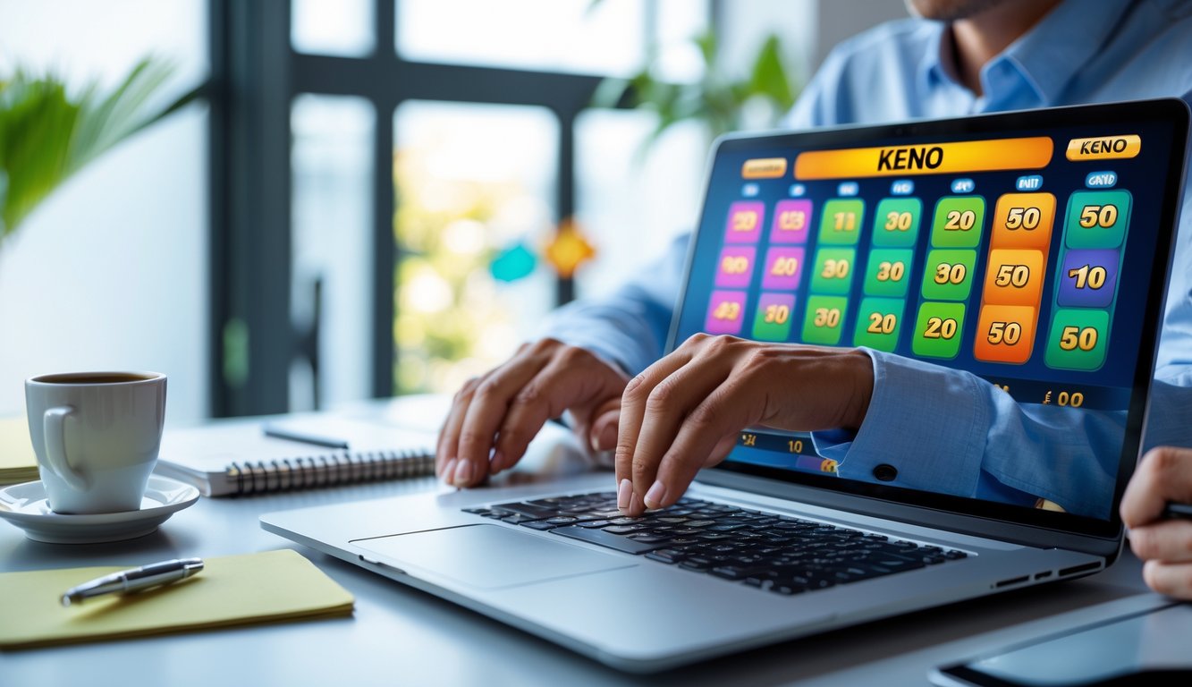 Seseorang yang fokus bermain permainan Keno online di laptop di ruang kerja rumah yang terang dan rapi.