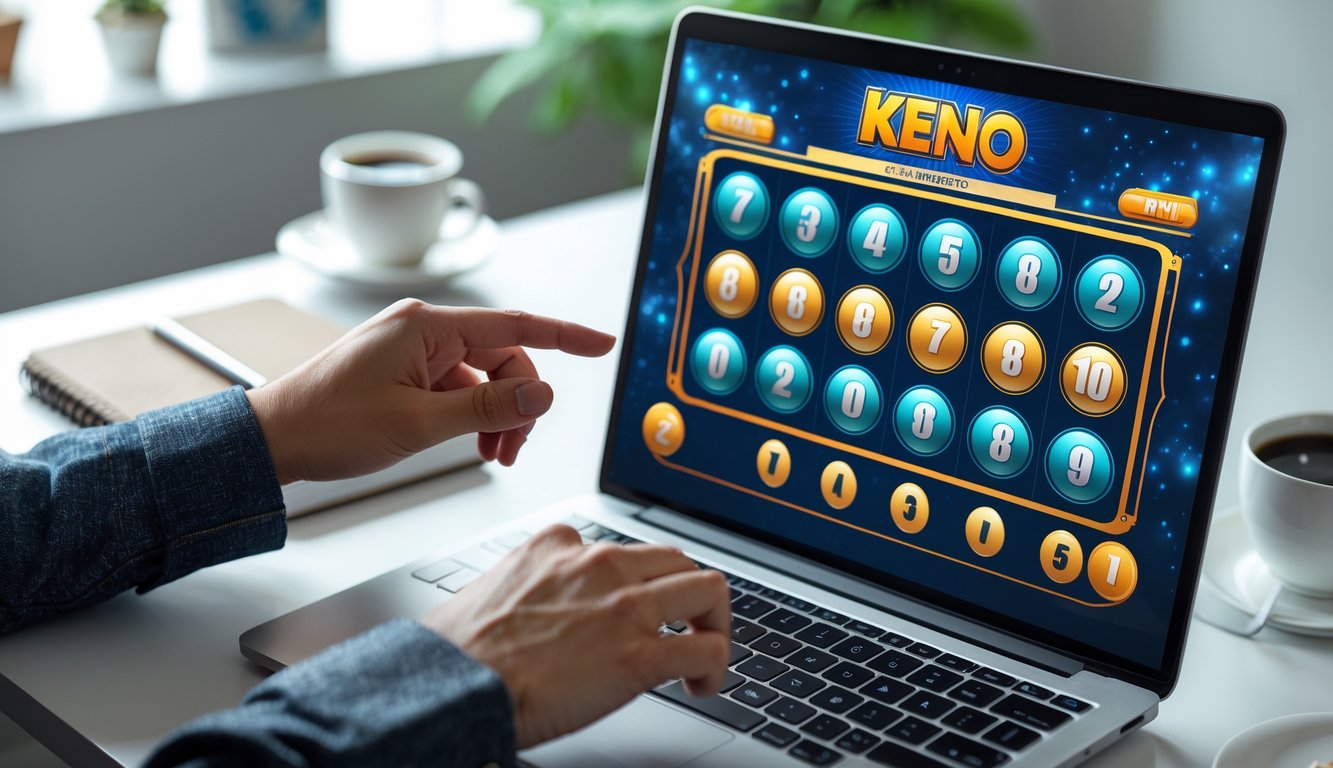 Seseorang menggunakan laptop dengan tampilan permainan Keno online di layar, di meja kerja yang rapi dengan alat tulis dan secangkir kopi.
