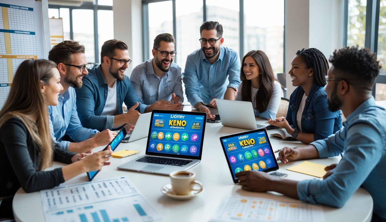 Sekelompok orang sedang berdiskusi di sekitar meja dengan perangkat elektronik di ruang kantor modern.