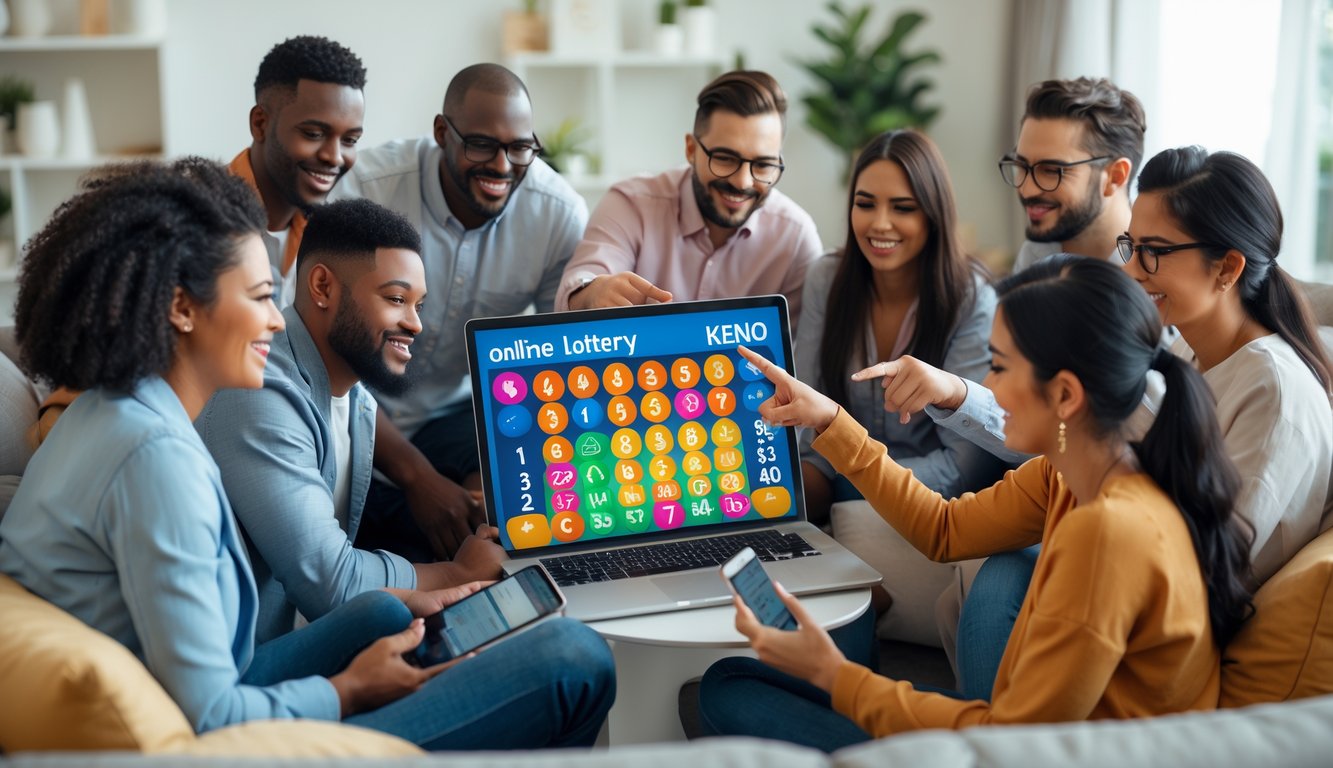 Sekelompok orang sedang berkumpul dan berdiskusi di sekitar laptop tentang permainan lotere online Keno.