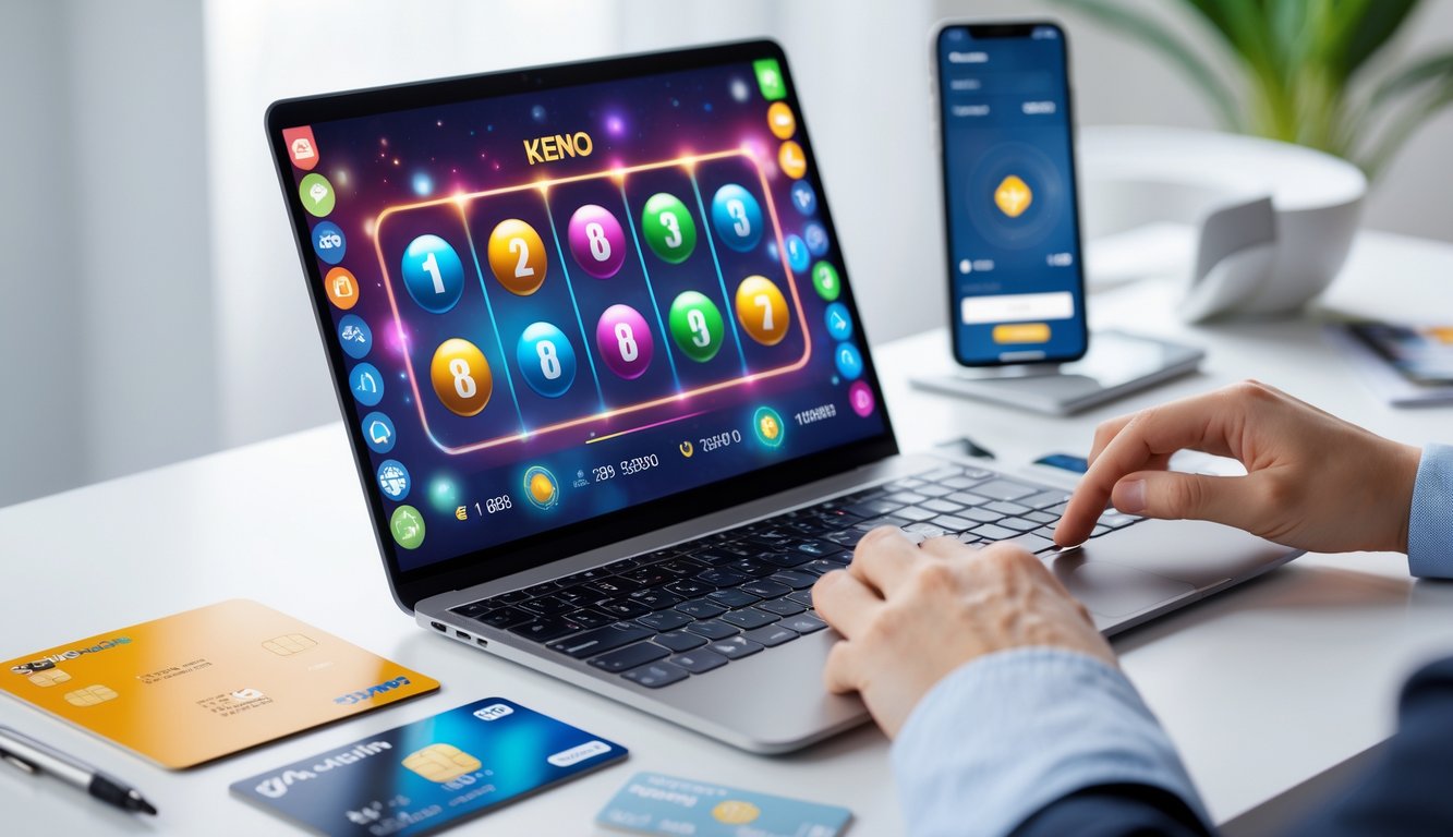 Meja kerja dengan komputer menampilkan permainan Keno online dan perangkat pembayaran di sekitarnya.