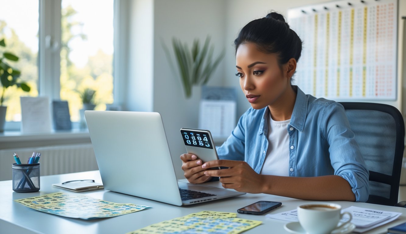 Seseorang duduk di meja kerja dengan laptop dan ponsel, sedang menganalisis angka lotere dengan tiket dan catatan di sekitarnya.