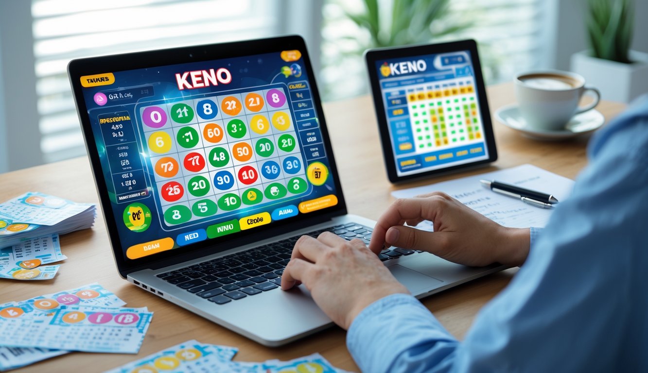 Seseorang sedang menggunakan laptop dengan tampilan permainan Keno dan berbagai tiket lotere di meja kerja.