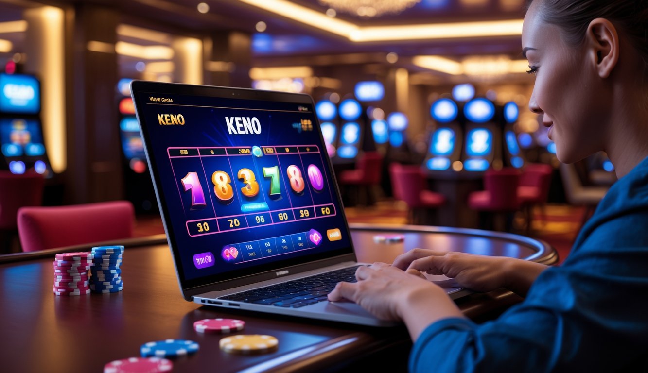 Seorang pemain menggunakan laptop untuk bermain Keno online di lingkungan kasino yang mewah dan modern.