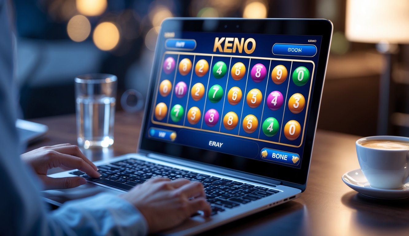 Seorang pemain menggunakan laptop untuk bermain permainan Keno online di kasino dengan suasana yang nyaman dan profesional.