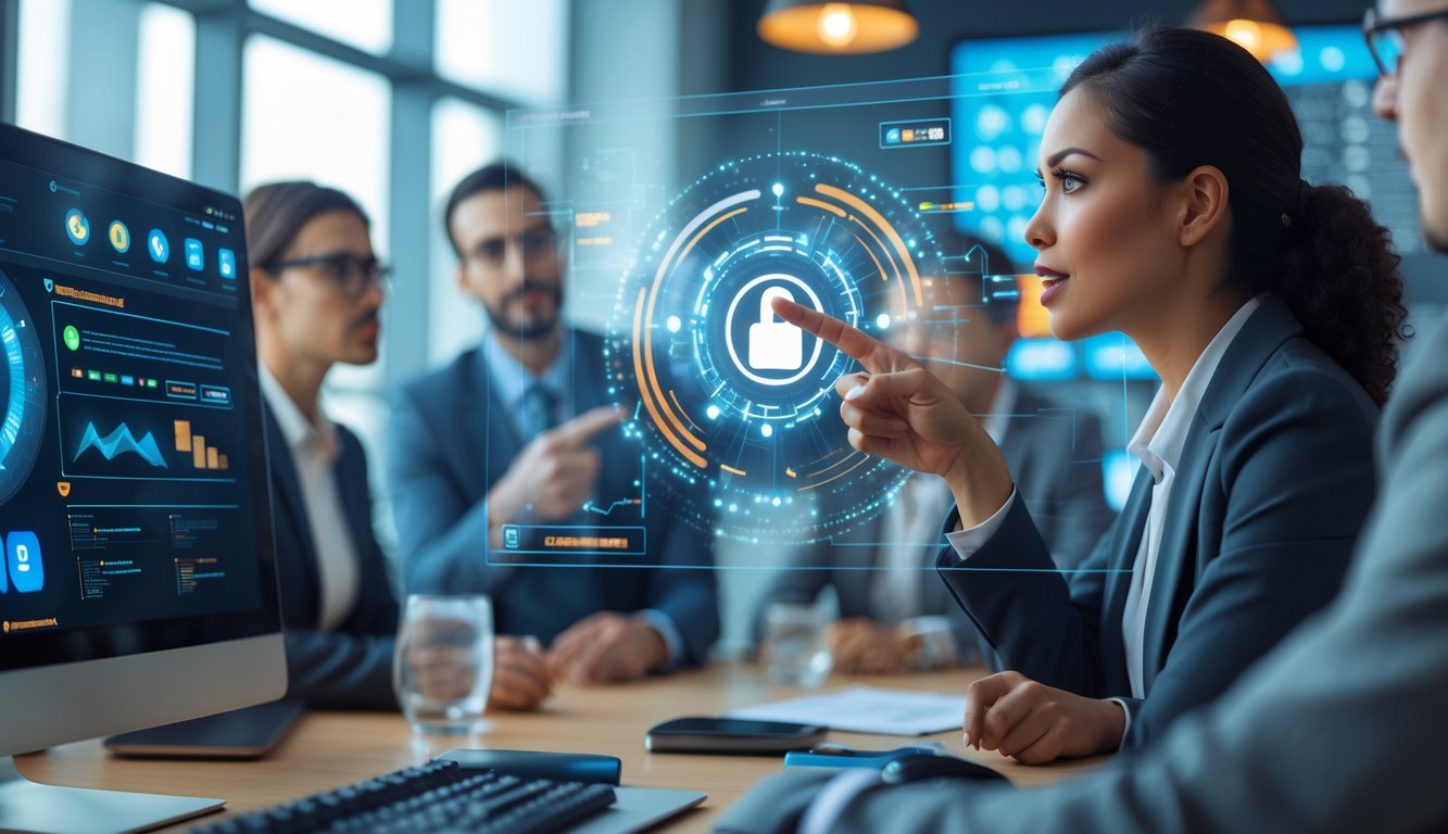 Sekelompok profesional sedang berdiskusi di kantor modern dengan layar digital yang menampilkan grafik terkait keamanan dan keadilan permainan online.