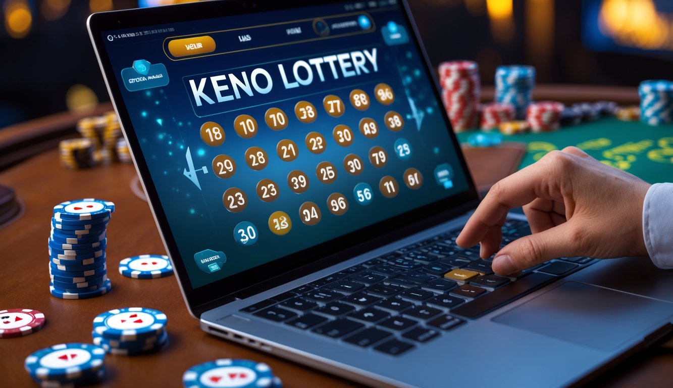 Seseorang menggunakan laptop yang menampilkan permainan Keno online dengan angka-angka yang dipilih, di lingkungan kasino dengan chip dan kartu bermain di sekitar.