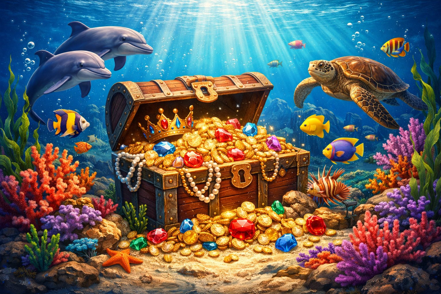 Underwater Scene Showing A Treasure Chest Filled With Gold And Gems On The Ocean Floor Surrounded By Coral, Fish, Dolphins, And A Sea Turtle.