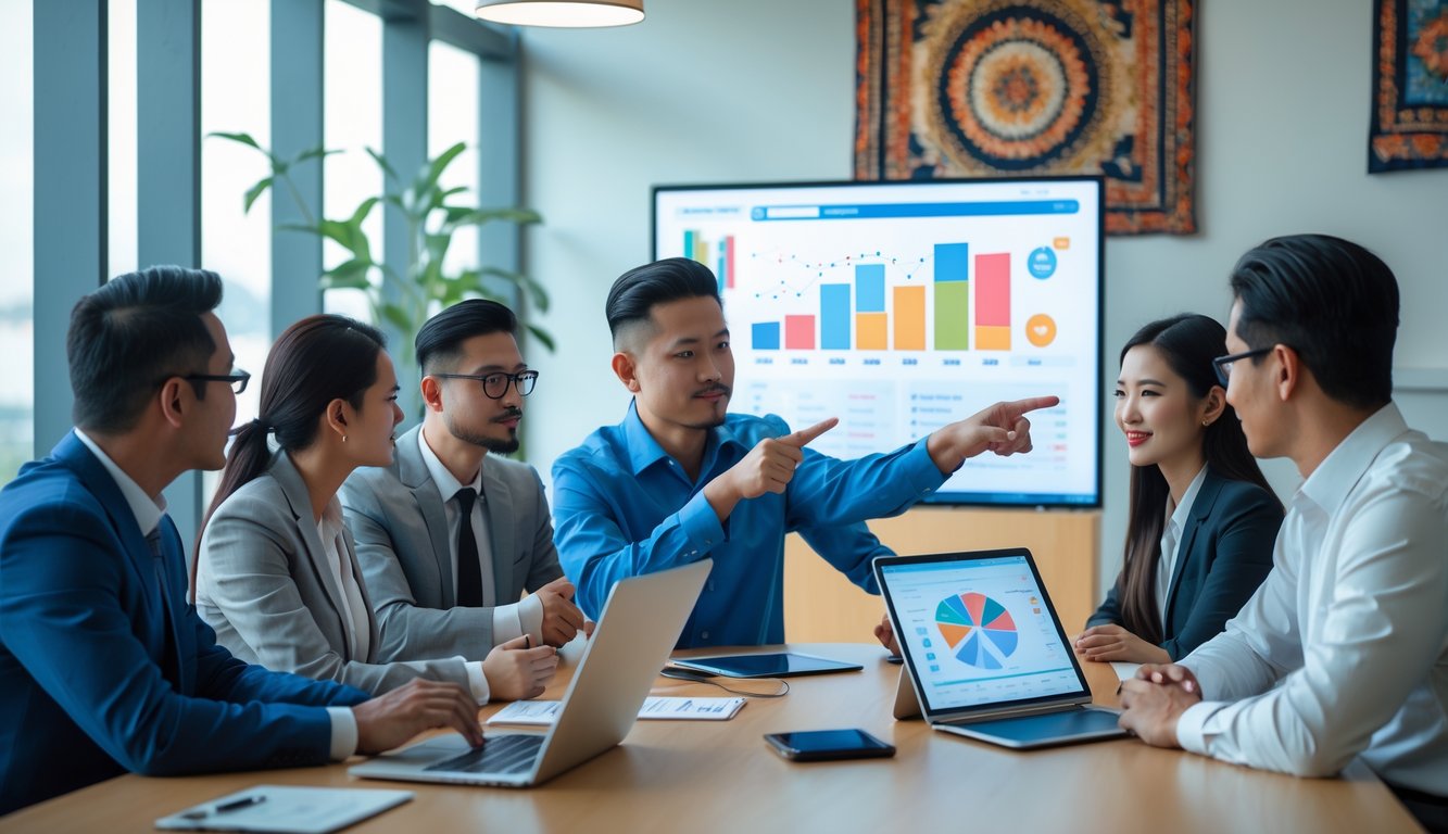 Sekelompok profesional Indonesia sedang berdiskusi di ruang kantor dengan laptop dan layar digital yang menampilkan grafik.