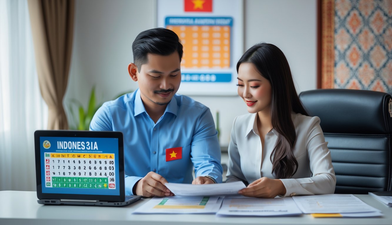 Seorang pria dan wanita Indonesia sedang duduk di meja kantor modern sambil melihat dokumen dan layar laptop yang menampilkan grafik dan angka terkait togel.