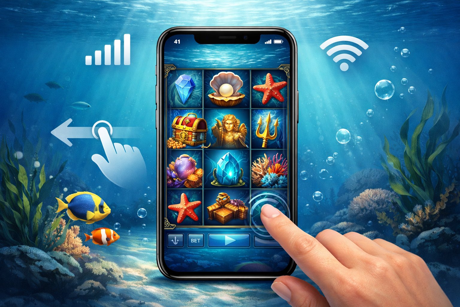 A Smartphone Displaying An Underwater Slot Game With OceanThemed Symbols Surrounded By Underwater Elements And Mobile Connectivity Icons.