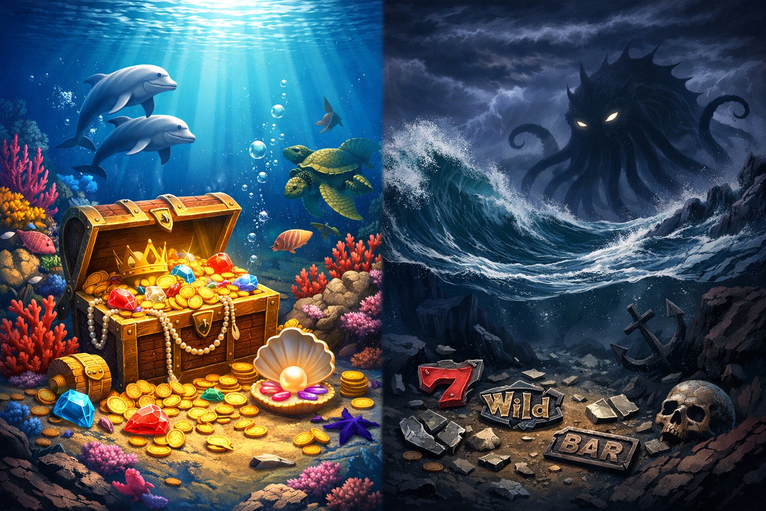 An Underwater Scene Showing Treasure And Sea Creatures On One Side And Dark Ocean Waves With A Shadowy Sea Monster On The Other Side.