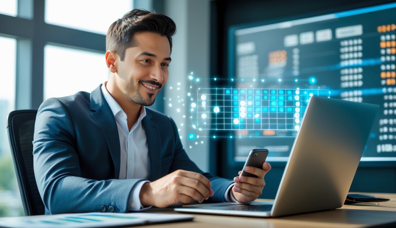 Seorang pria berpakaian rapi duduk di meja dengan laptop dan ponsel, fokus menganalisis data dengan latar belakang grafik dan angka.