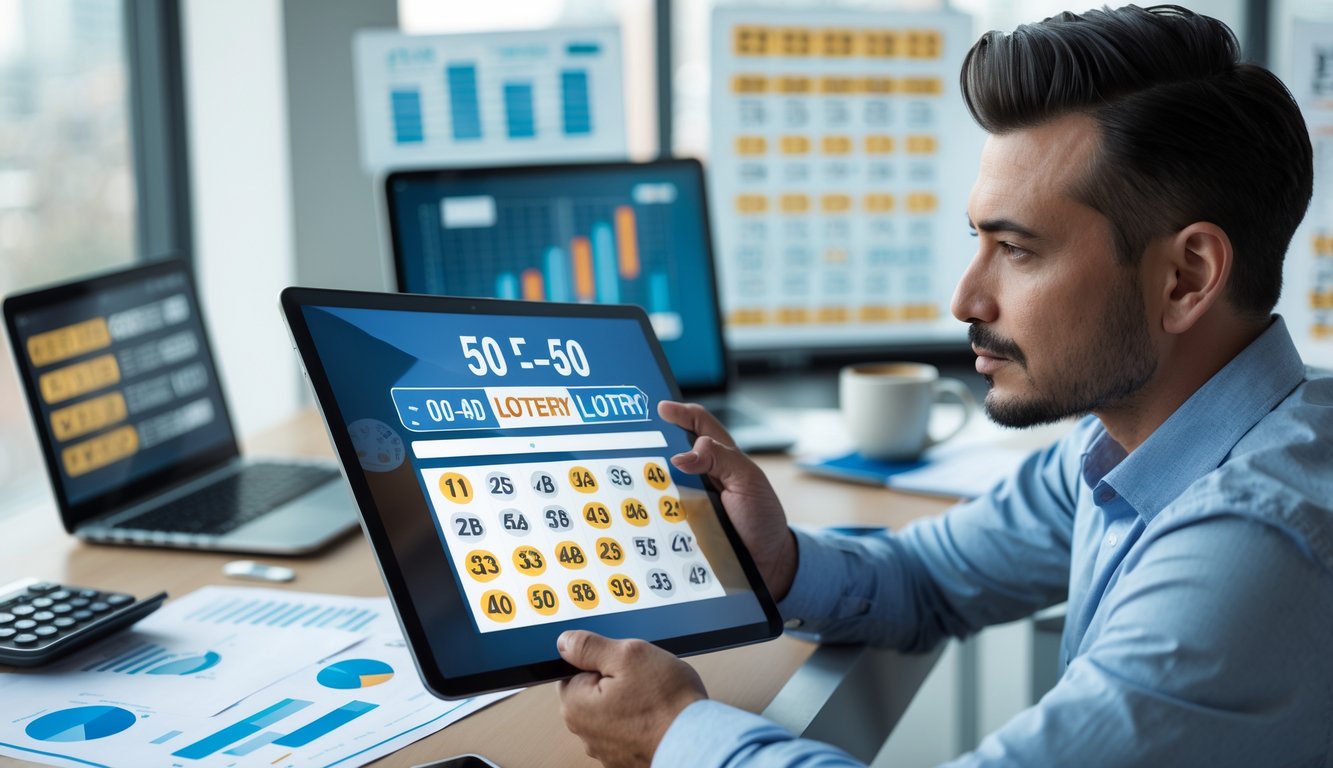 Seorang pria duduk di meja kantor modern sambil menganalisis hasil lotere pada tablet digital dengan laptop yang menampilkan grafik di dekatnya.