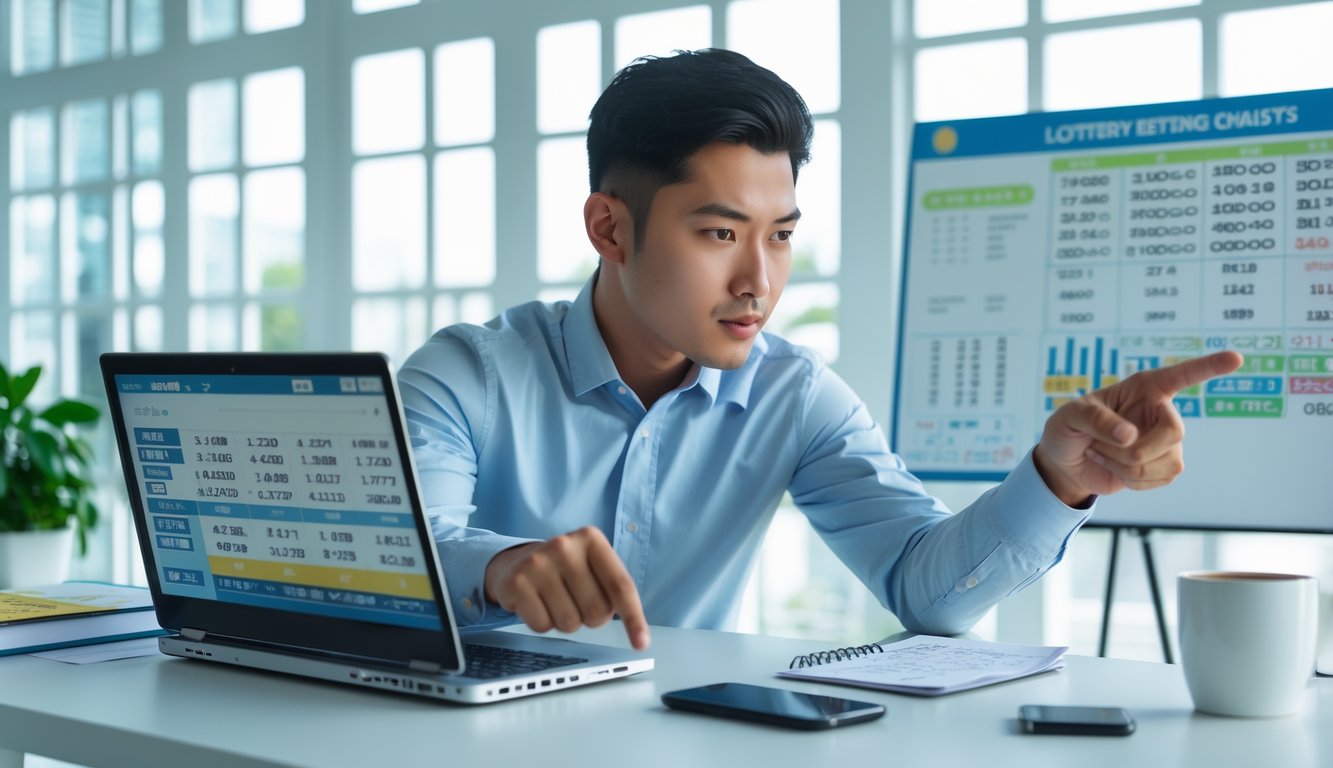 Seorang pria muda duduk di meja kerja modern, menganalisis tiket togel dan grafik dengan fokus di ruangan terang.