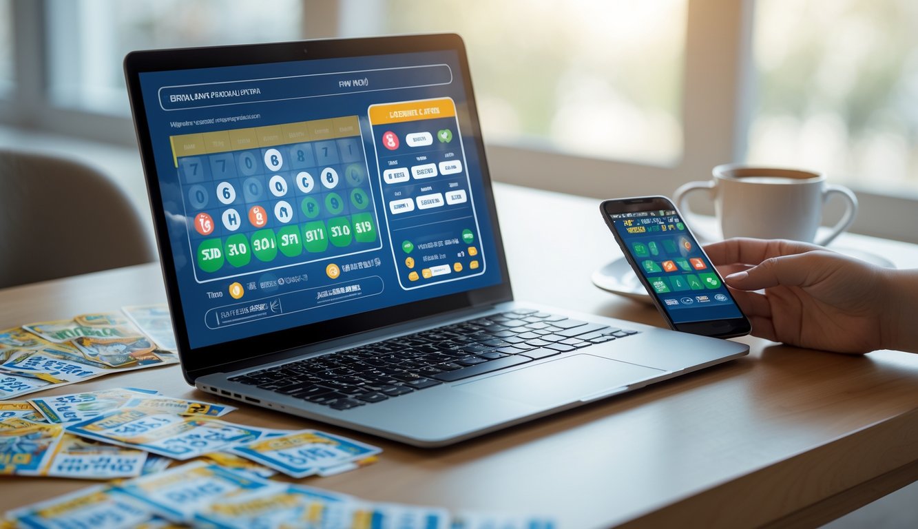 Meja kerja modern dengan laptop yang menampilkan layar taruhan online, tiket lotere, dan ponsel di sampingnya.