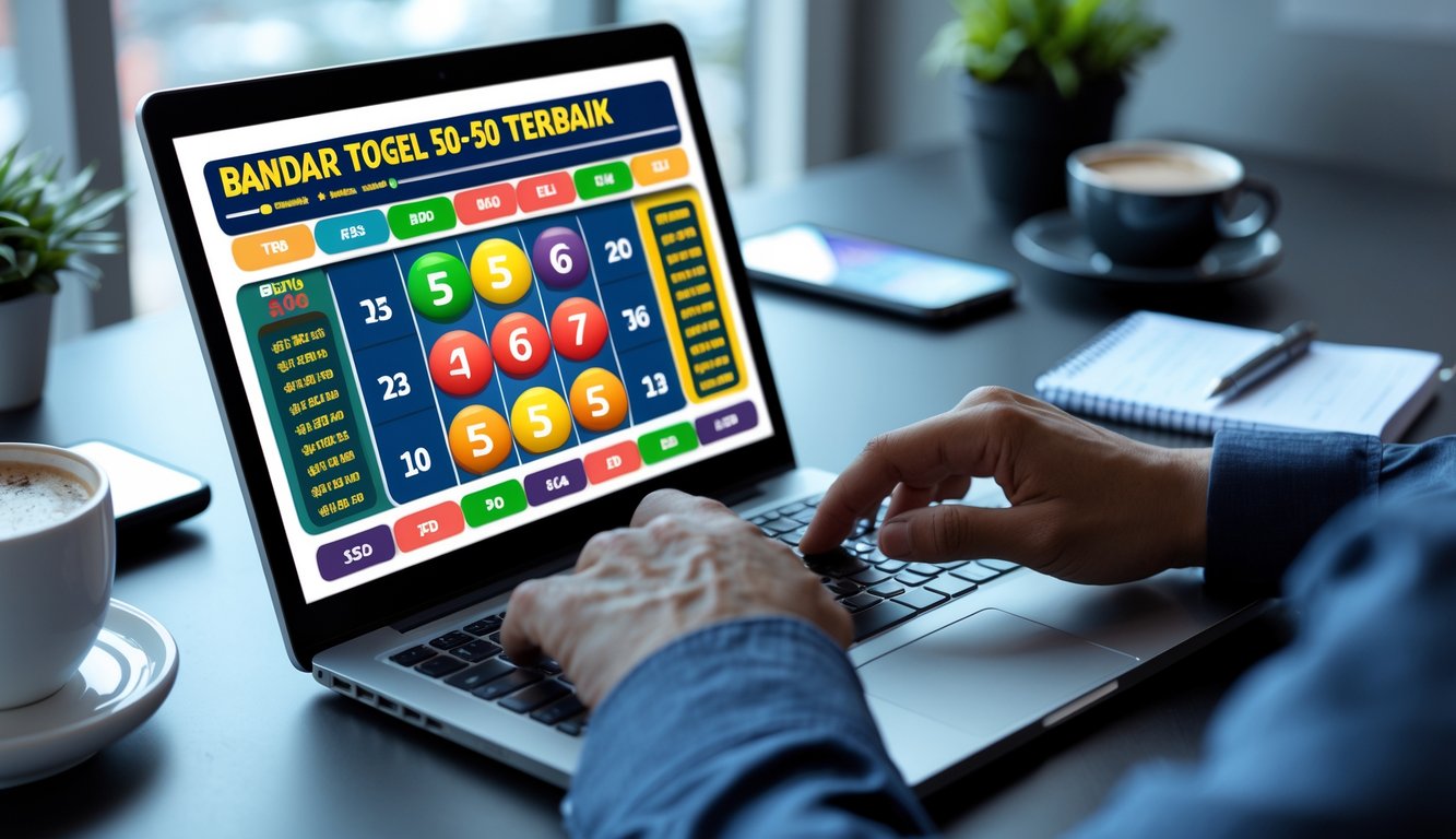 Seorang individu menggunakan laptop di meja kerja dengan antarmuka taruhan togel online terlihat di layar, dikelilingi oleh ponsel, cangkir kopi, dan alat tulis.