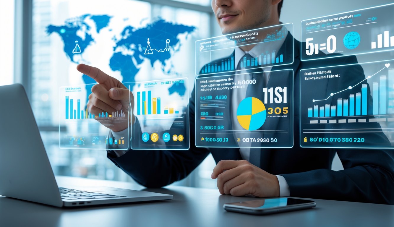 Seseorang di kantor modern sedang menganalisis data pada layar digital transparan yang menampilkan grafik dan angka terkait lotere online.