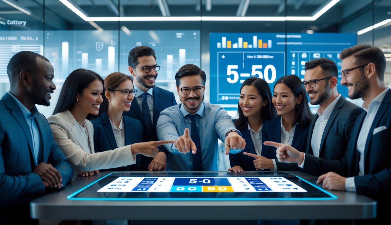 Sekelompok orang beragam yang percaya diri berkumpul di sekitar meja layar sentuh modern, melihat antarmuka lotere digital dengan suasana kantor yang terang dan profesional.