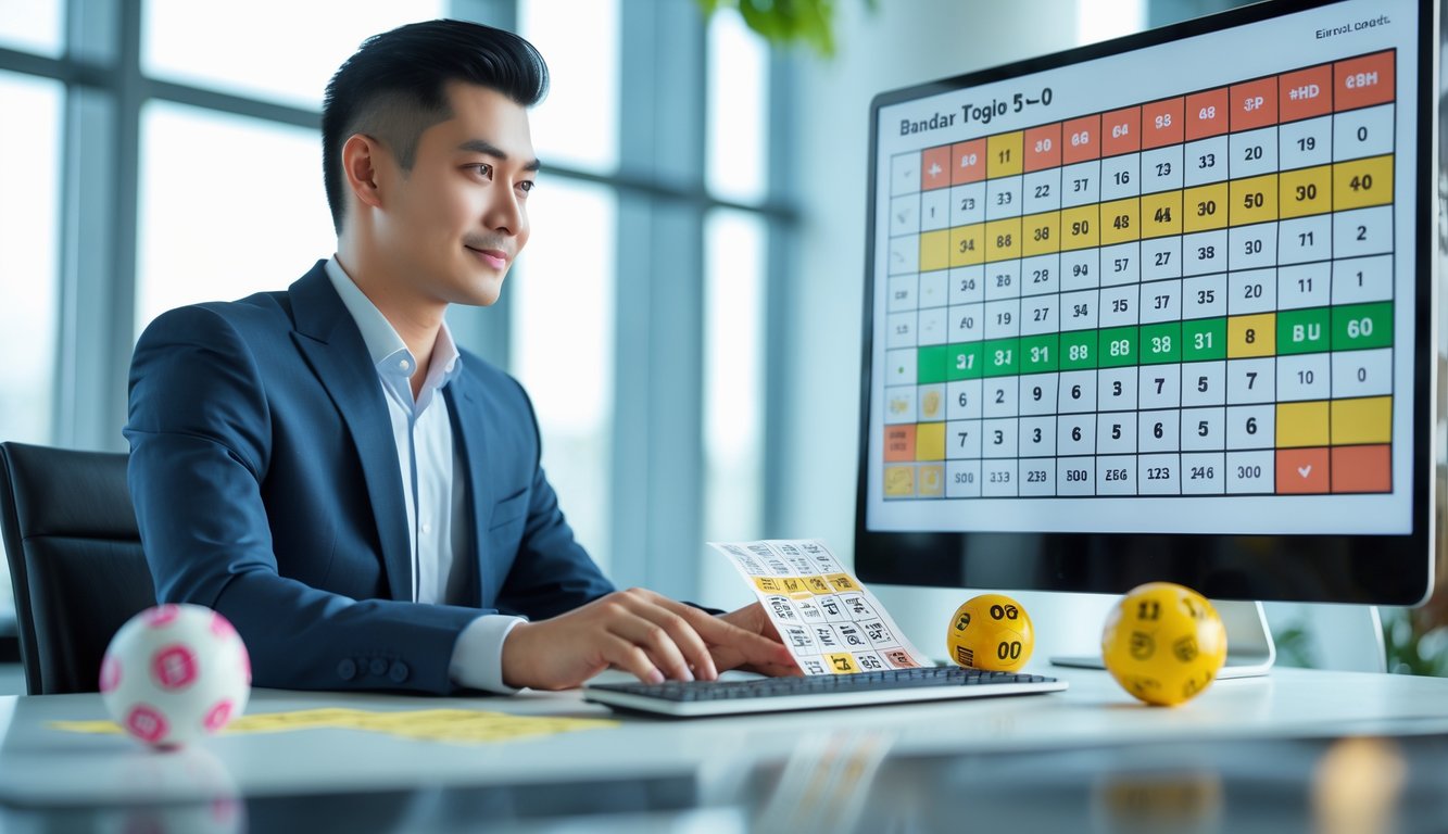 Seorang pria berpakaian rapi duduk di meja kantor modern sambil menganalisis tiket togel dan grafik di layar komputer.