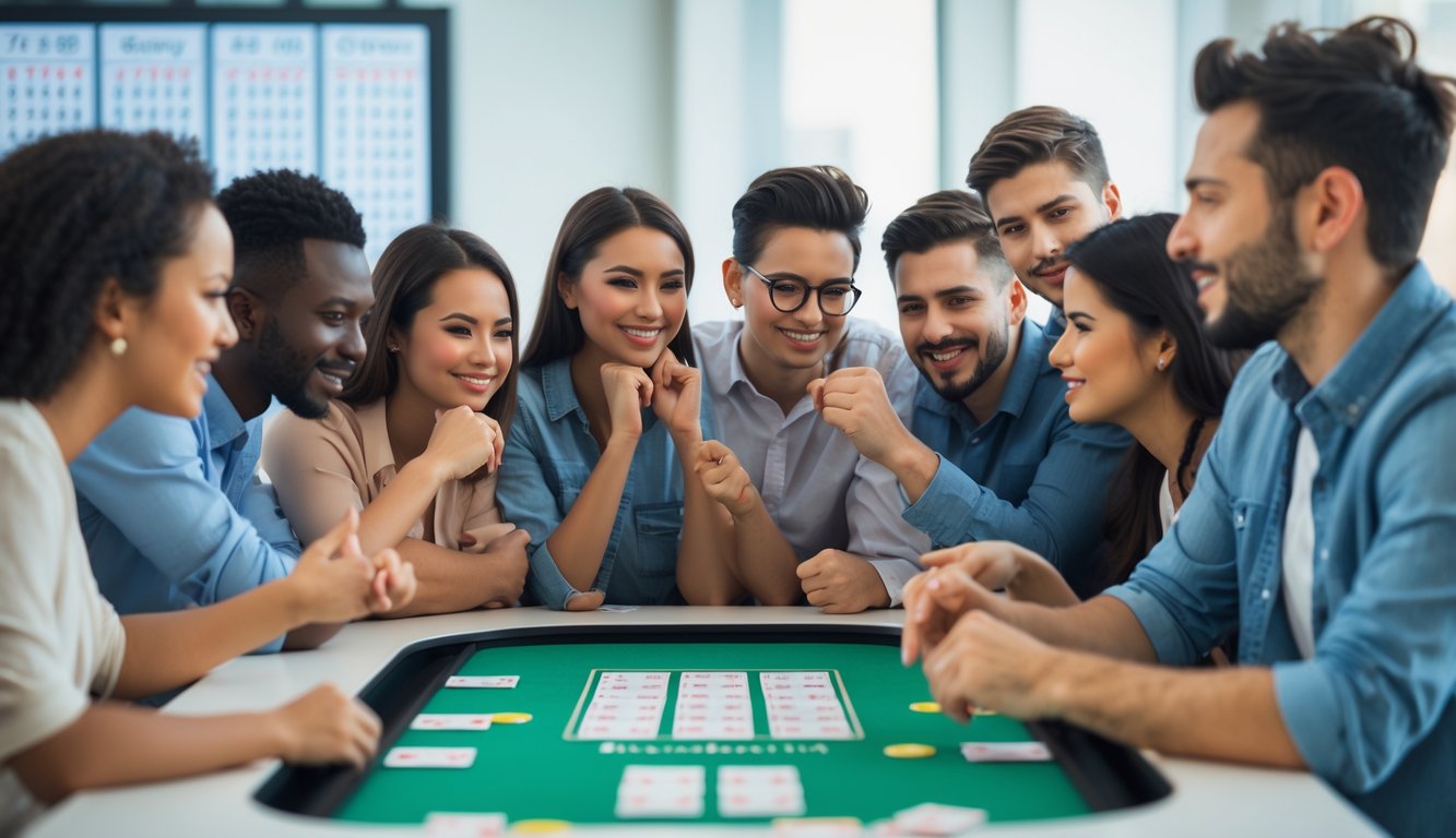 Sekelompok orang berkumpul di sekitar meja permainan, berdiskusi dan bermain lotere dengan ekspresi antusias dan fokus.