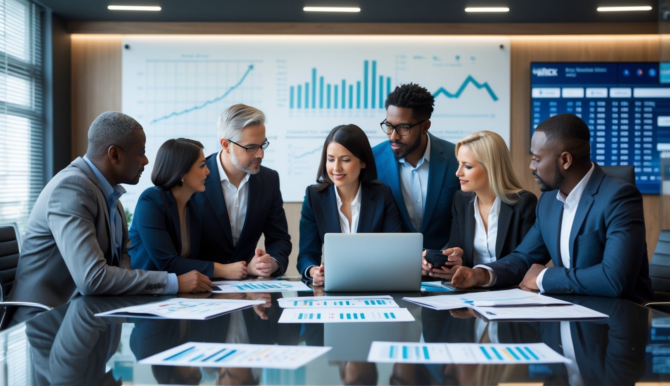 Sekelompok orang dewasa sedang berdiskusi serius di meja kantor dengan laptop dan dokumen, menunjukkan suasana kerja dan kolaborasi.