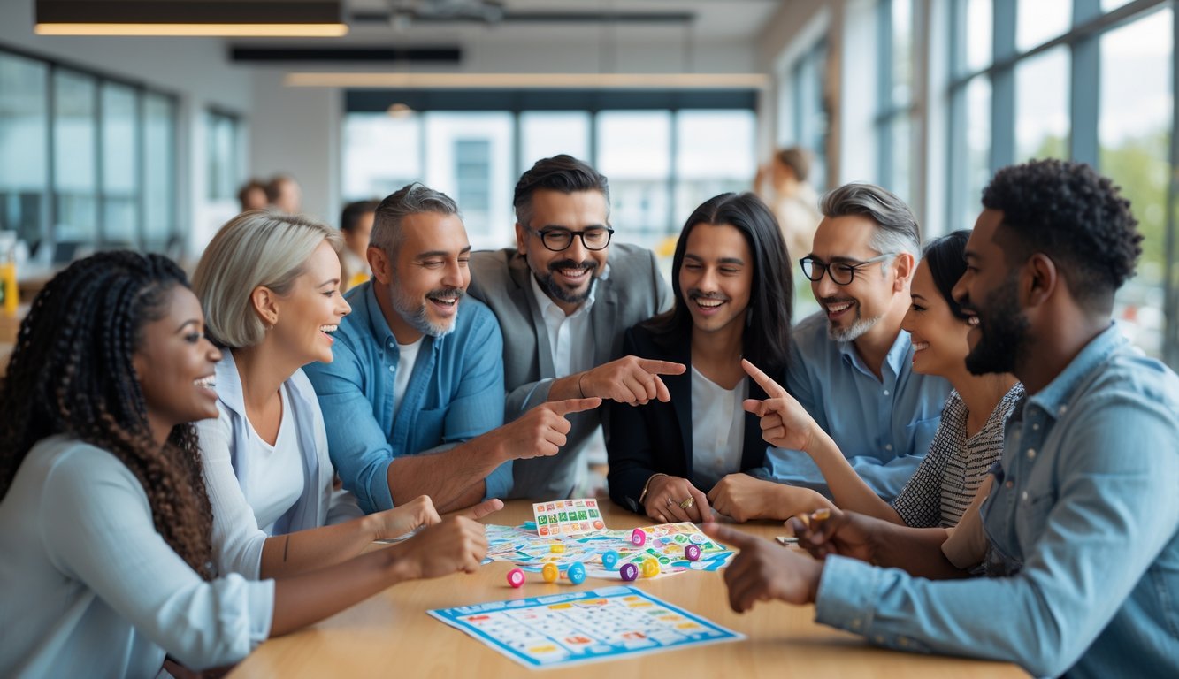 Sekelompok orang sedang berdiskusi dengan antusias di sekitar meja yang penuh dengan tiket lotre dan bola bernomor di ruangan terang.