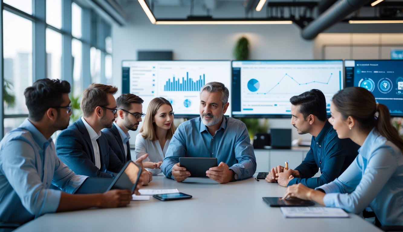 Sekelompok orang sedang berdiskusi serius di ruang kantor dengan peralatan digital dan grafik di layar komputer.
