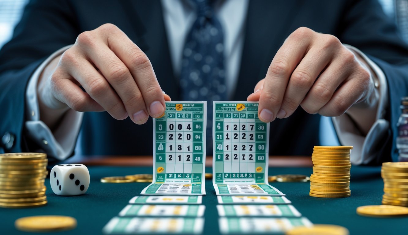 Seseorang memegang tiket lotre dan meletakkan chip di meja taruhan dengan angka dan simbol yang terlihat, di dalam ruangan modern dengan layar digital di latar belakang.