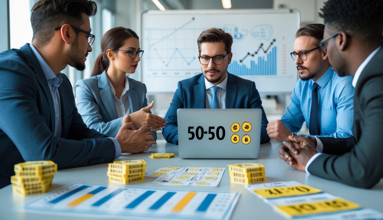 Sekelompok orang sedang berdiskusi di kantor dengan tiket lotere dan laptop yang menampilkan grafik peluang dan risiko.