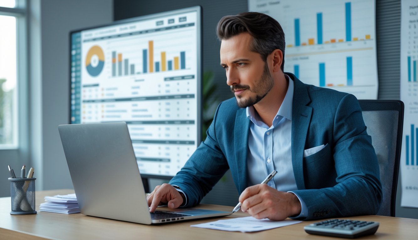 Seorang pria duduk di meja dengan laptop, menganalisis data dan grafik dalam ruangan kantor modern.