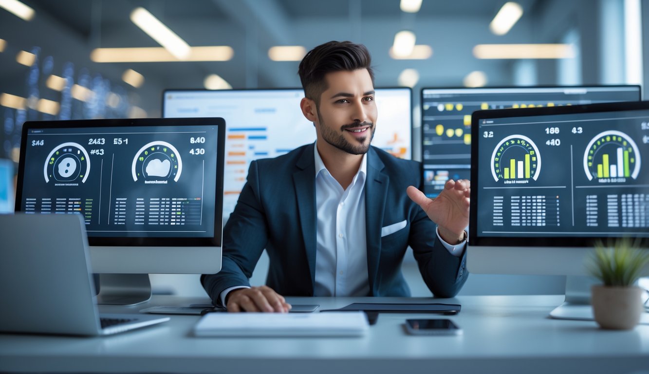 Seorang pria profesional sedang menganalisis data di depan beberapa layar komputer dalam ruangan kantor modern.