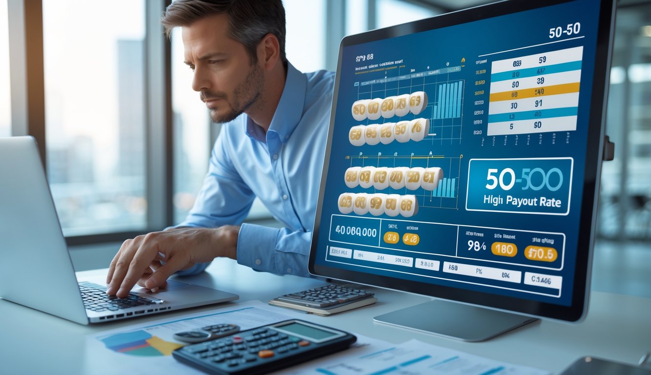 Seorang profesional sedang menganalisis data lotere pada layar digital di kantor modern.