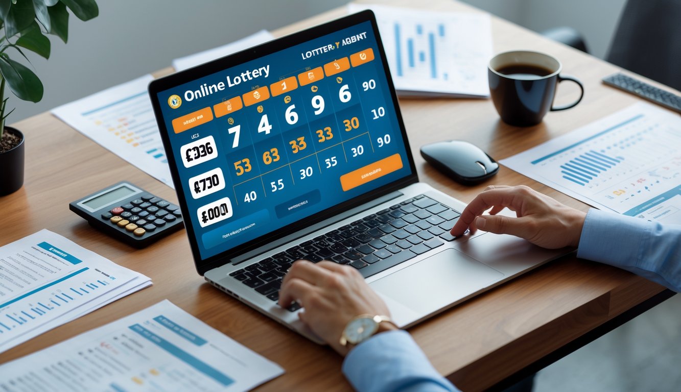 Meja kerja dengan laptop yang menampilkan antarmuka lotere digital, dokumen, kalkulator, dan secangkir kopi di sekitar, menggambarkan suasana analisis dan pemilihan agen lotere.
