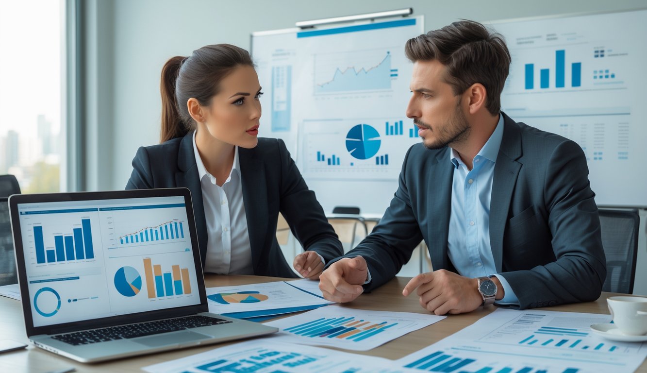 Dua profesional bisnis sedang berdiskusi serius di kantor dengan laptop dan dokumen di atas meja.