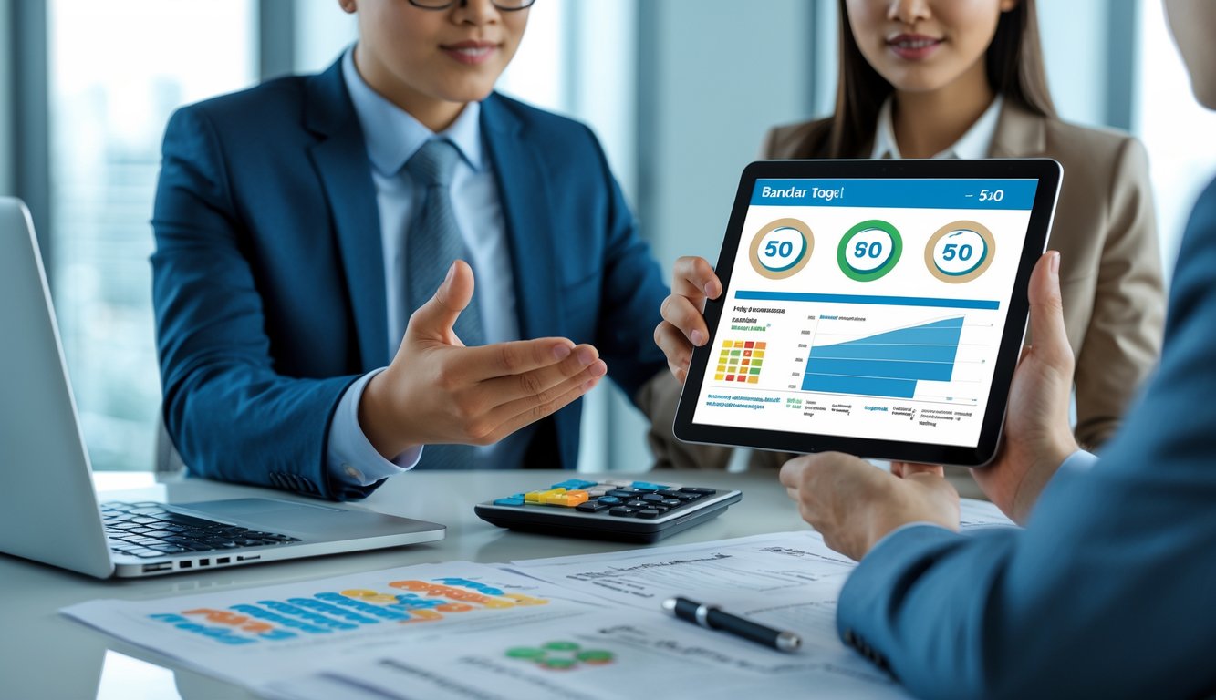 Dua profesional bisnis berdiskusi di kantor dengan tablet dan dokumen di meja, menunjukkan analisis dan perbandingan terkait bandar togel.