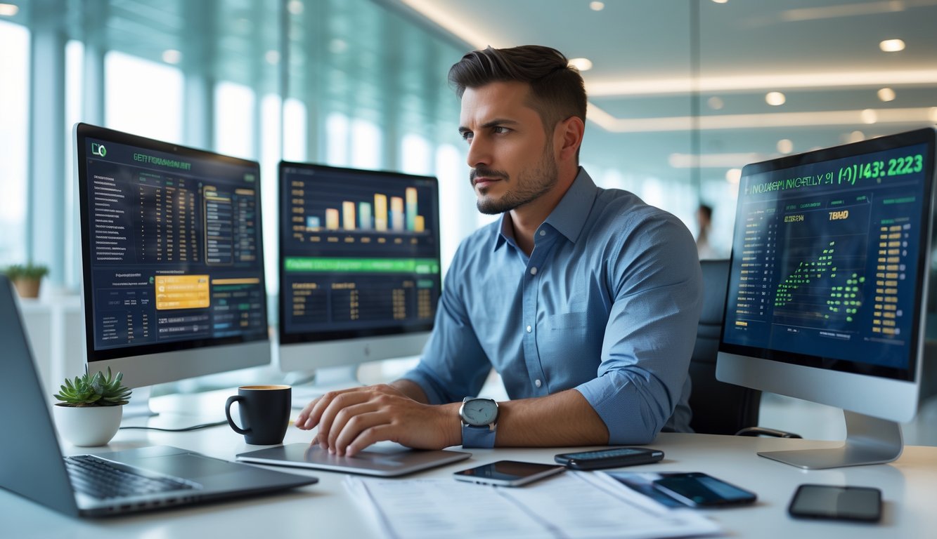 Seorang pria profesional sedang duduk di meja kantor modern, fokus menganalisis data di beberapa layar komputer.