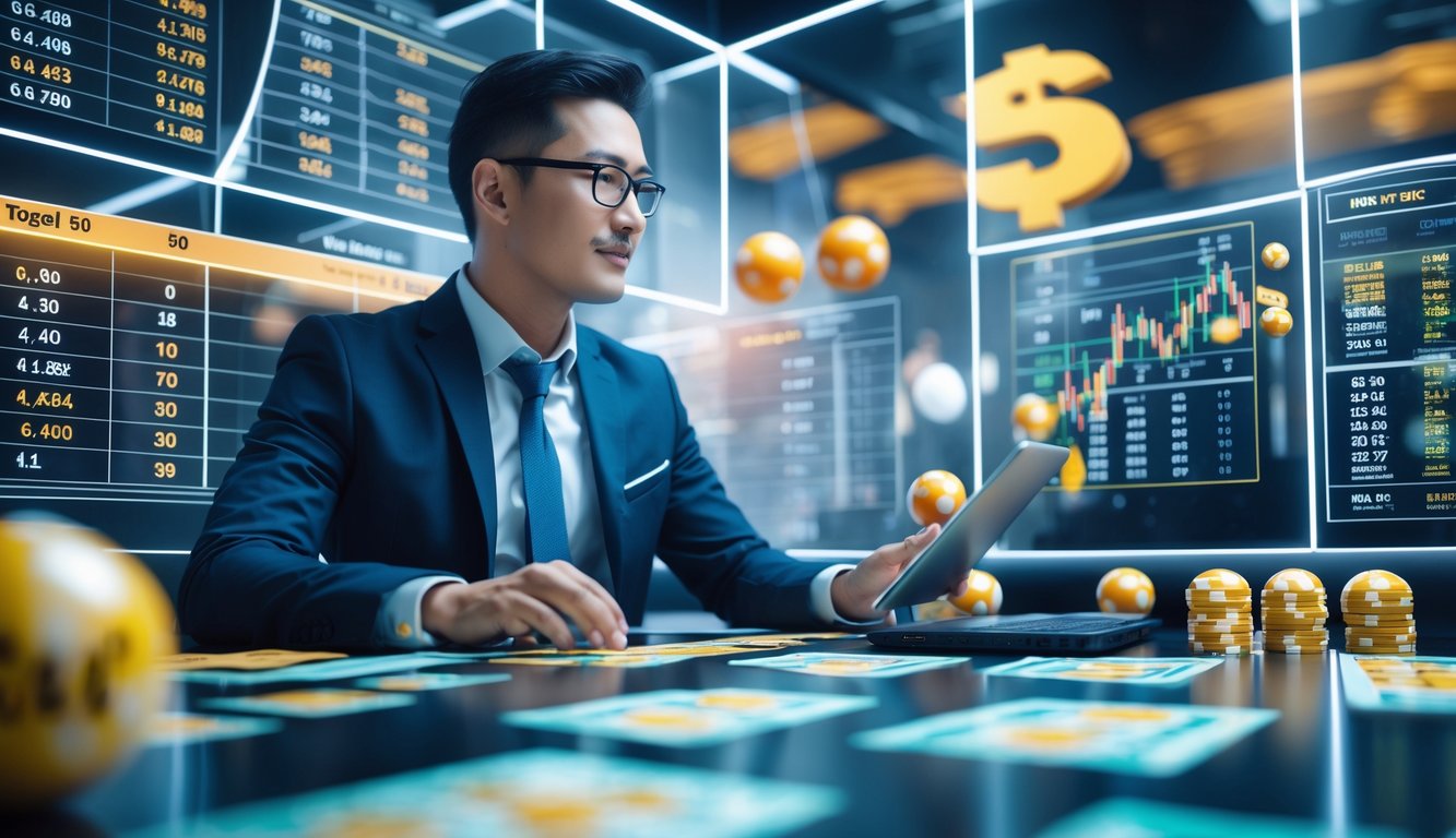 Seorang profesional sedang menganalisis data taruhan di layar digital dengan latar belakang elemen lotere dan simbol mata uang.