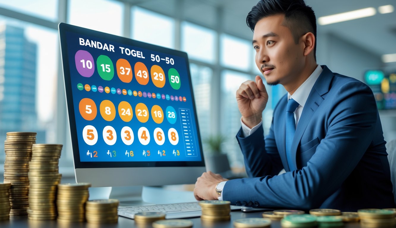 Seorang pria berpakaian rapi di kantor modern sedang melihat layar digital yang menampilkan angka togel dan grafik taruhan.