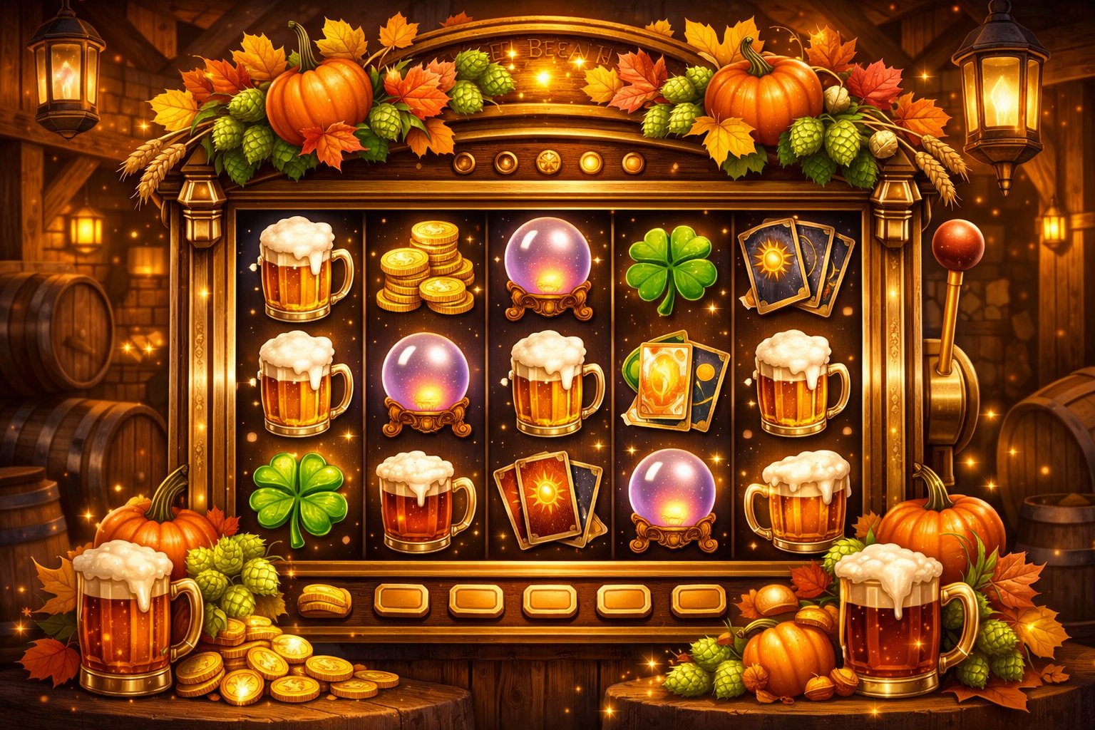 A Slot Machine Decorated With Autumn Leaves, Pumpkins, Beer Mugs, Coins, And FortuneTelling Symbols Inside A Cozy Tavern Setting.