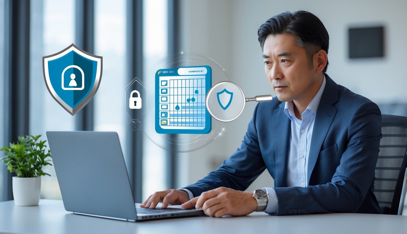 Seorang pria Asia duduk di meja kerja dengan laptop, terlihat fokus dan berhati-hati saat memeriksa data, di ruang kantor yang bersih dan terang.