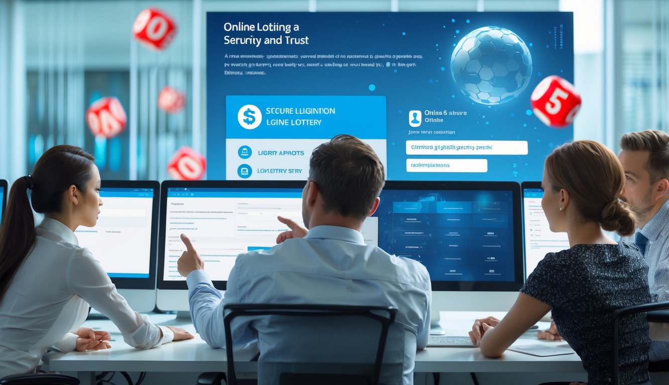 Orang-orang di kantor modern sedang berdiskusi dan melihat layar komputer dengan tampilan keamanan digital untuk menghindari penipuan.