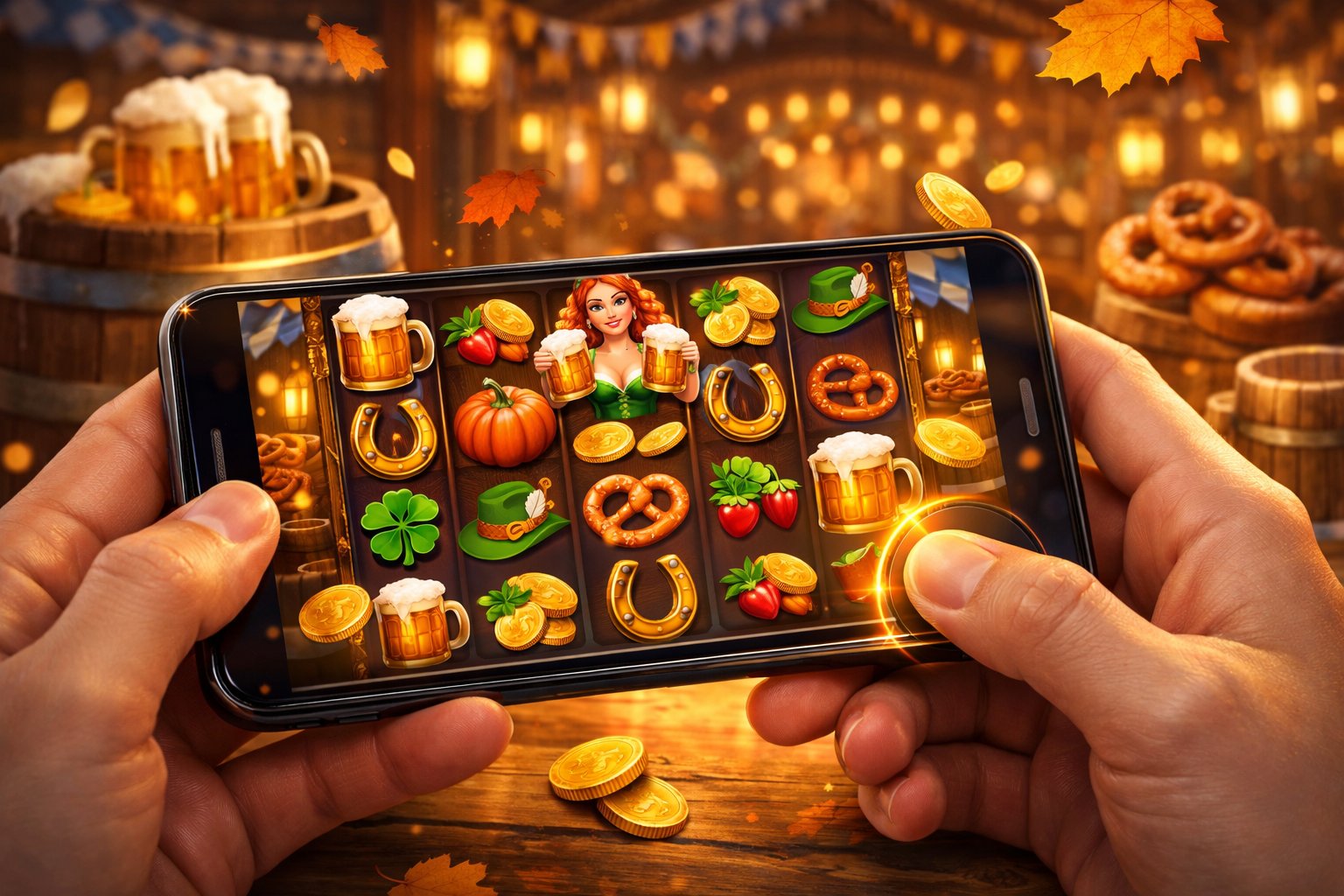Hands Holding A Smartphone Showing A Colorful Slot Machine Game With Autumn And BeerThemed Symbols, Set Against A Festive Fall Background.