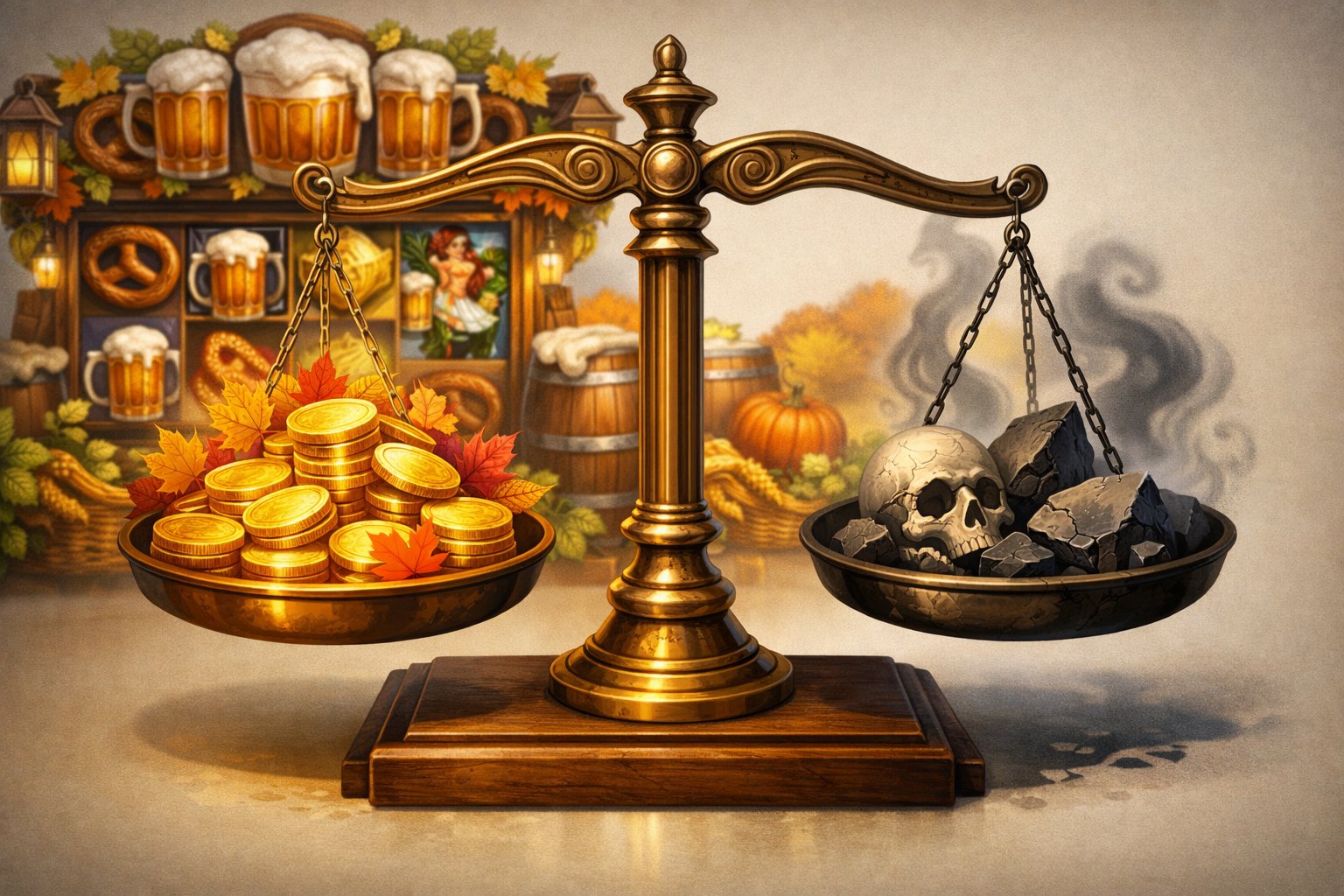 A Balanced Scale With Golden Coins And Autumn Leaves On One Side And Subtle Shadows On The Other, With A Slot Machine Featuring Autumn And Beer Motifs In The Background.