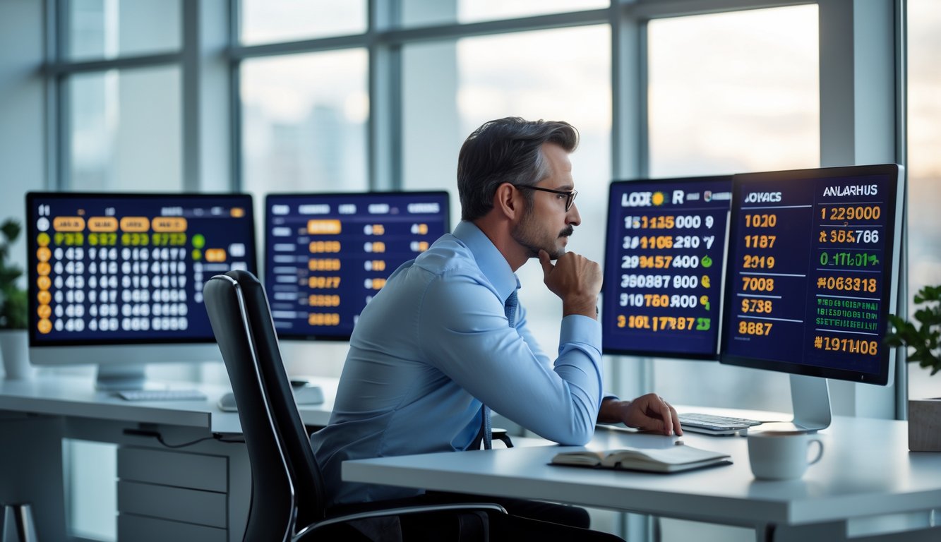 Seorang pria bisnis sedang duduk di meja kantor modern, melihat layar komputer yang menampilkan angka lotre dan grafik, tampak sedang menganalisis peluang.