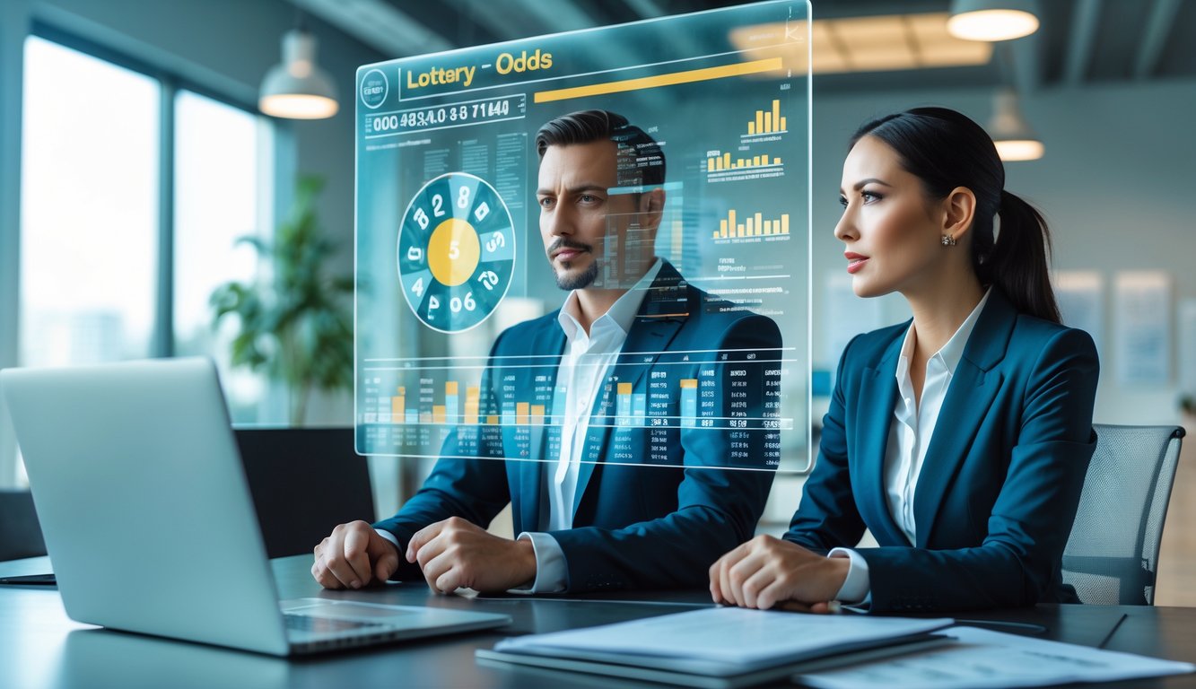 Dua orang profesional sedang berdiskusi di kantor modern dengan layar digital yang menampilkan grafik dan angka terkait peluang taruhan.