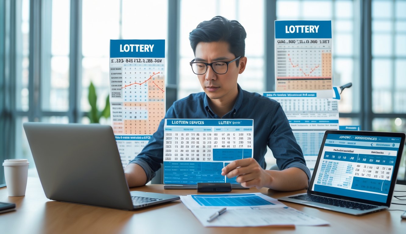 Seorang individu sedang menganalisis statistik dan strategi togel menggunakan beberapa perangkat digital di ruang kantor yang terang dan rapi.