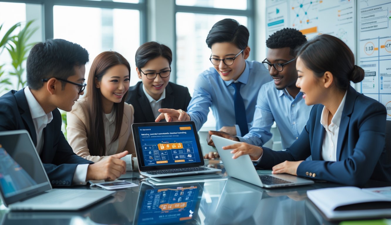 Sekelompok orang muda sedang berdiskusi di meja kantor dengan laptop dan grafik, mempelajari sistem togel.