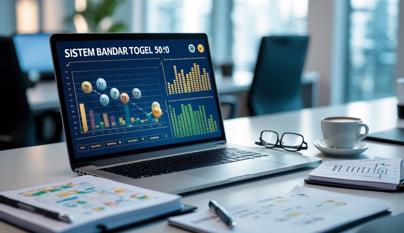 Meja kerja modern dengan laptop, catatan terbuka, dan kopi, menampilkan suasana belajar sistem bandar togel 50-50.